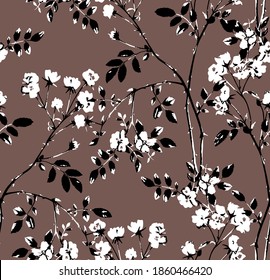 Abstract Small Roses Leaves And Branches Minimal Seamless Pattern Design Trendy Colors Earthy Brown Background
