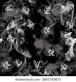 Abstract smoky texture pattern featuring layered monochrome vapor effects with decorative scattered letterforms, suitable for sublimation printing, apparel fabrics, and surface design.