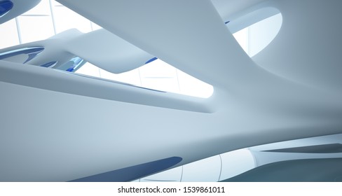 Abstract smooth architectural white interior with color gradient glass sculpture with water and  large windows. 3D illustration and rendering.