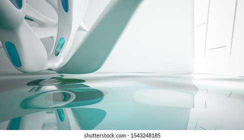 Abstract smooth architectural white interior with color gradient glass sculpture with water and  large windows. 3D illustration and rendering. - Shutterstock ID 1543248185