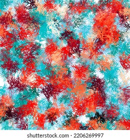 Abstract Snowflake Stars Dandelion Floral Pattern. Red, Blue, Black And White Colors.