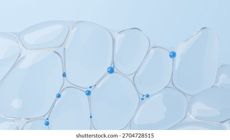 Abstract soap bubble structure with blue hyaluronic acid molecules filling the gaps, representing hydration and moisture. Cosmetic background 3D illustration.