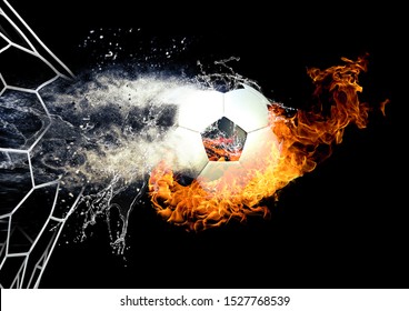 An abstract soccer ball that breaks through the goal net drawn in 3D illustration