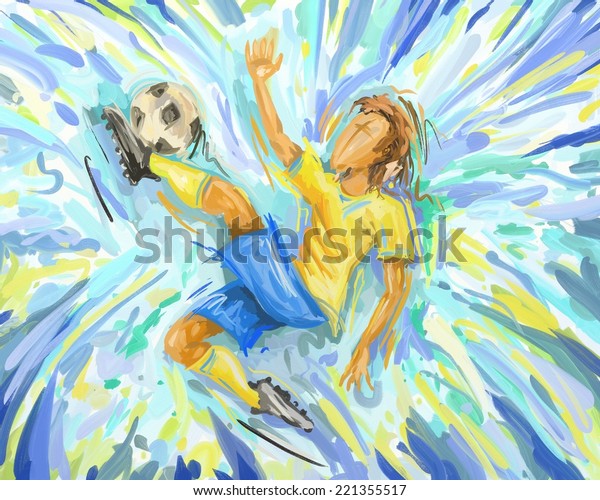 抽象的サッカー選手の絵 サッカーブラジルの蹴り 油絵 デジタル絵 のイラスト素材