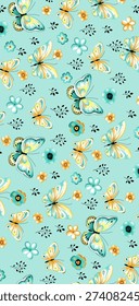 abstract solid illustrations textile design, arrangement with a medium butterflies and small grass flower, all-over seamless pattern Tosca background with yellow and green tone colour digital clothes motif factory 