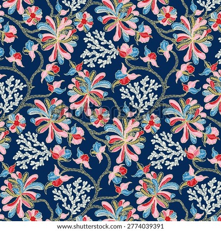abstract solid modern textile vector design, arrangement with big flower, all-over seamless  pattern with blue and yellow tone color illustration, digital image printing factory
