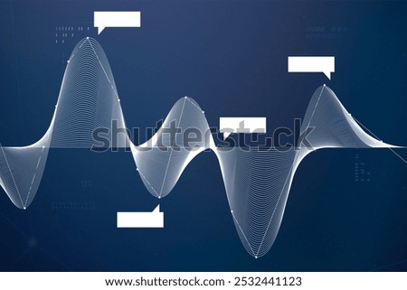 Abstract sound waves with speech bubbles on a dark blue background. Sound waves and speech bubbles create a dynamic visual. Sound waves and speech bubbles at up and down waves.