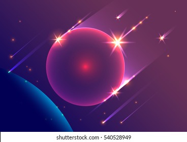Abstract space background falling meteorites and planet