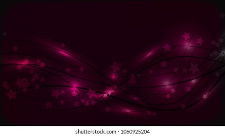 Abstract space background with wavy lines and light flares and asterisks. Purple stars on a multicolored sky background. illustration