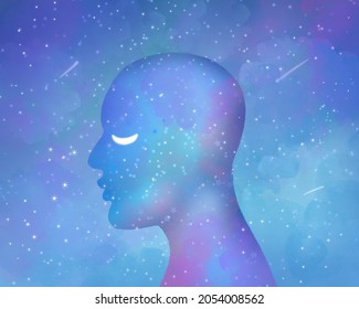 abstract space fantastic profile of a person on the background of infinity. Spiritual awakening, reiki, healing.