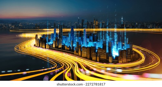 Abstract speed light flow through the city with gradient and aesthetic Intricate lighting design ,Smart city and big data connection technology concept. 3D rendering - Powered by Shutterstock