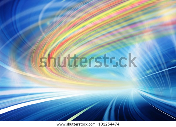 Abstract speed motion in\
blue and red highway road tunnel, fast moving toward the light,\
colorful fiber optics technology background. Computer generated\
illustration.