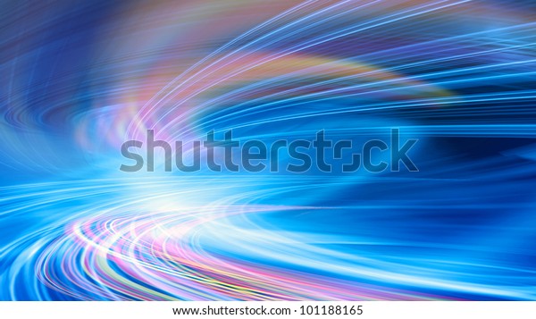 Abstract speed motion
in urban highway road tunnel, blurred motion toward the light.
Computer generated colorful illustration. Light trails, fiber
optics technology
background.