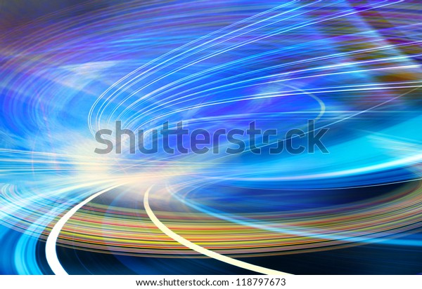 Abstract speed motion\
in urban highway road tunnel, blurred motion toward the light.\
Computer generated colorful illustration. Light trails, fiber\
optics technology\
background.