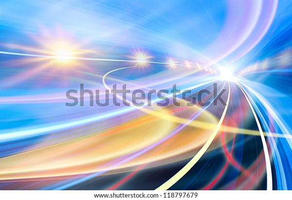 Abstract speed motion\
in urban highway road tunnel, blurred motion toward the light.\
Computer generated colorful illustration. Light trails, fiber\
optics technology\
background.