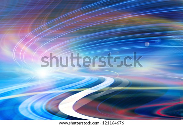 Abstract speed motion
in urban highway road tunnel, blurred motion toward the light.
Computer generated colorful illustration. Light trails, fiber
optics technology
background.
