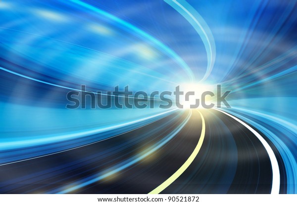 Abstract speed motion in urban highway road\
tunnel, blurred motion toward the light. Computer generated\
colorful\
illustration