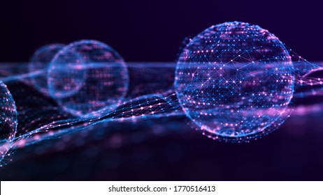 Abstract sphere of dots and lines connected to a dynamic wave. Atomic collision. 3d rendering