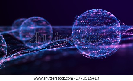 Abstract sphere of dots and lines connected to a dynamic wave. Atomic collision. 3d rendering
