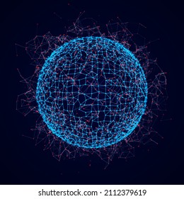 Abstract Sphere Of Multiple Points And Lines. Globe Or Ball. Digital Technology. Illustration In Space Style. 3d Rendering