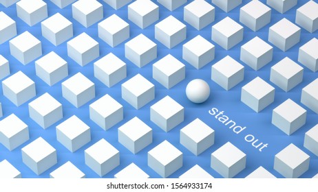 Abstract sphere surrounded by cubes pattern, stand out and be different illustration, 3D rendering