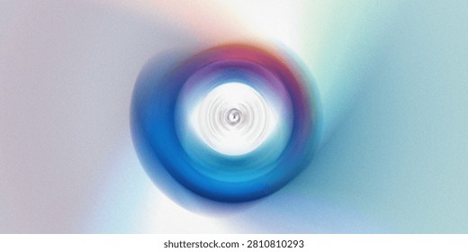 Abstract spinning eye effect with central white glow. Concentric rings of blue magenta and yellow. Dynamic digital noise artistic composition.