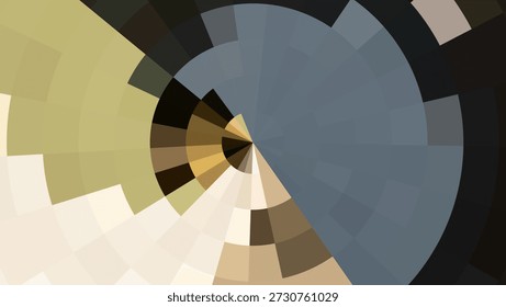Abstract spiral composition of pixelated blocks in a sophisticated palette of slate blue, olive green, and warm beige. The geometric elements curve toward a central focal point.