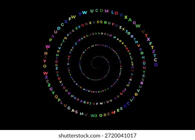 abstract spiral pattern of multicolored letters and text on black background creating a vibrant and hypnotic visual effect
