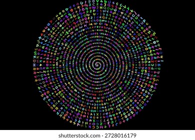 abstract spiraling circular pattern created from multicolored letters and numbers on a dark black background hypnotic and visually captivating design