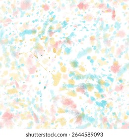 Abstract splatters splash seamless pattern. Blue pink yellow watercolor spray. Hand drawn illustration isolated from background. By brush stain for wrapping paper, scrapbook, packaging, textile.