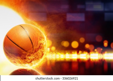 Abstract sports background - burning basketball, orange glowing lights with reflection