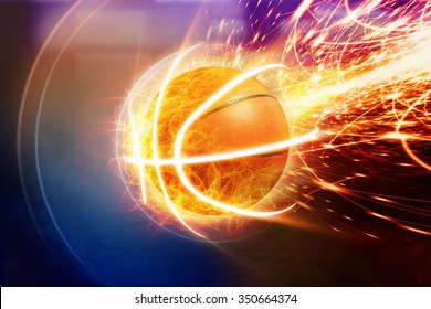 Abstract sports background - burning basketball, orange glowing lights 