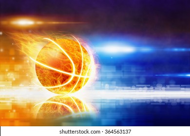 Abstract sports background - burning basketball with reflection, glowing colorful lights