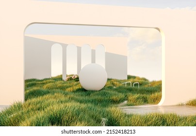 Abstract spring summer landscape scene and geometric form  lake   flower view  3d rendering 