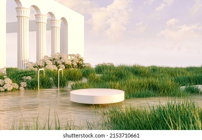 Abstract Spring Summer Landscape Scene With Geometric Form. Lake And Flower View. 3d Rendering.