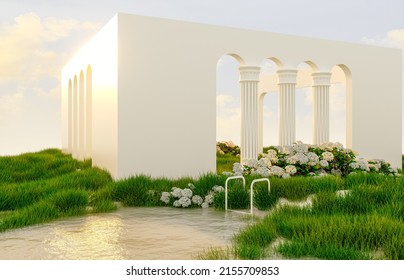 Abstract spring summer landscape scene and geometric form  lake   flower view  3d rendering 