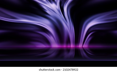 Abstract Stage Light Neon Wavy Magenta Blue-purple Glow Cyberpunk Background. Studio Black Room 3D Texture Liquid Splash Flutter Uniquely. Blur Curtain Dynamic Fluorescent Backdrop Empty Illustration