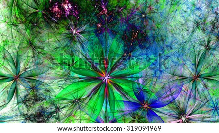 Abstract star and flower field background with a large flower in the center in shining green,blue,pink,purple