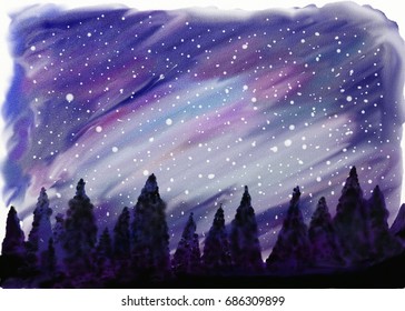 Abstract Starry Night Sky And Black Forest, Watercolor Painting 