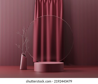 Abstract Still Life Elegance Red Podium Platform Product Showcase With Curtain 3d Rendering