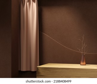 Abstract Still Life Wooden Table Product Showcase With Curtain 3d Rendering