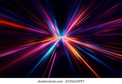 Abstract streaks of red, blue, pink, and yellow light converge in a radiating pattern against a dark background. - Powered by Shutterstock