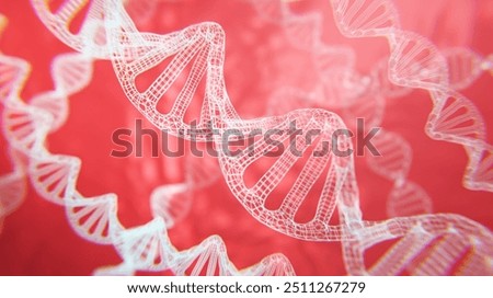 Abstract structure of a human DNA molecule from particles on a red background. Human genome. Digital wireframe DNA. Medical research, genetic engineering, biology, virus. 3D Illustration