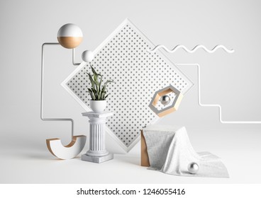 Abstract style background with design elements. Flying objects background concept. 3D rendering.