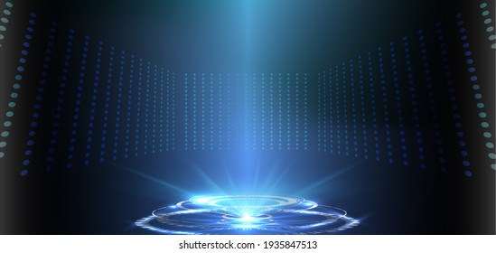 Abstract Style On Blue Background. Blank Display, Stage Or Podium For Show Product In Futuristic Cyberpunk Style.Technology Demonstration Futuristic Circle  HUD, GUI, UI Interface Screen Design.