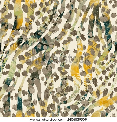 Abstract Stylish Brush Leopard Dots and Textured Zebra Stripes Trendy Seamless Pattern Beautiful Mix Design Combination Perfect for Allover Fabric Print or Wrapping Paper Beige Brown Tones
