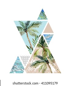 Abstract Summer Background. Triangle With Palm Tree, Leaf And Marble Grunge Textures. Geometric Design For T-shirt, Flyer Or Poster In Retro Vintage 80s, 90s. Hand Painted Summer Beach Illustration 