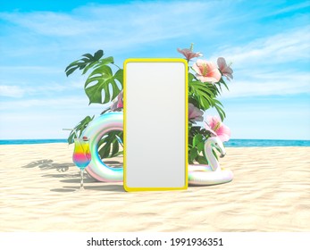 Abstract Summer Beach Scene With Mobile Phone Mockup Background. 3d Rendering.