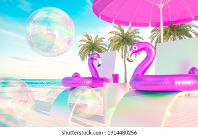 Abstract summer beach scene with pink flamingo on relax chairs background. 3d render. - Powered by Shutterstock