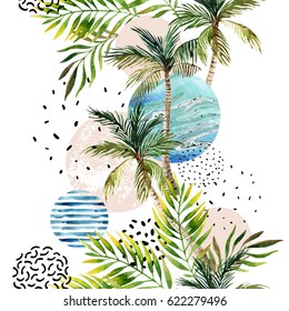 Abstract Summer Geometric Background. Geometric Shapes With Watercolor Palm Tree, Leaf, Marble, Grunge Texture. Water Color Background In Retro Vintage 80s - 90s. Hand Painted Beach Illustration